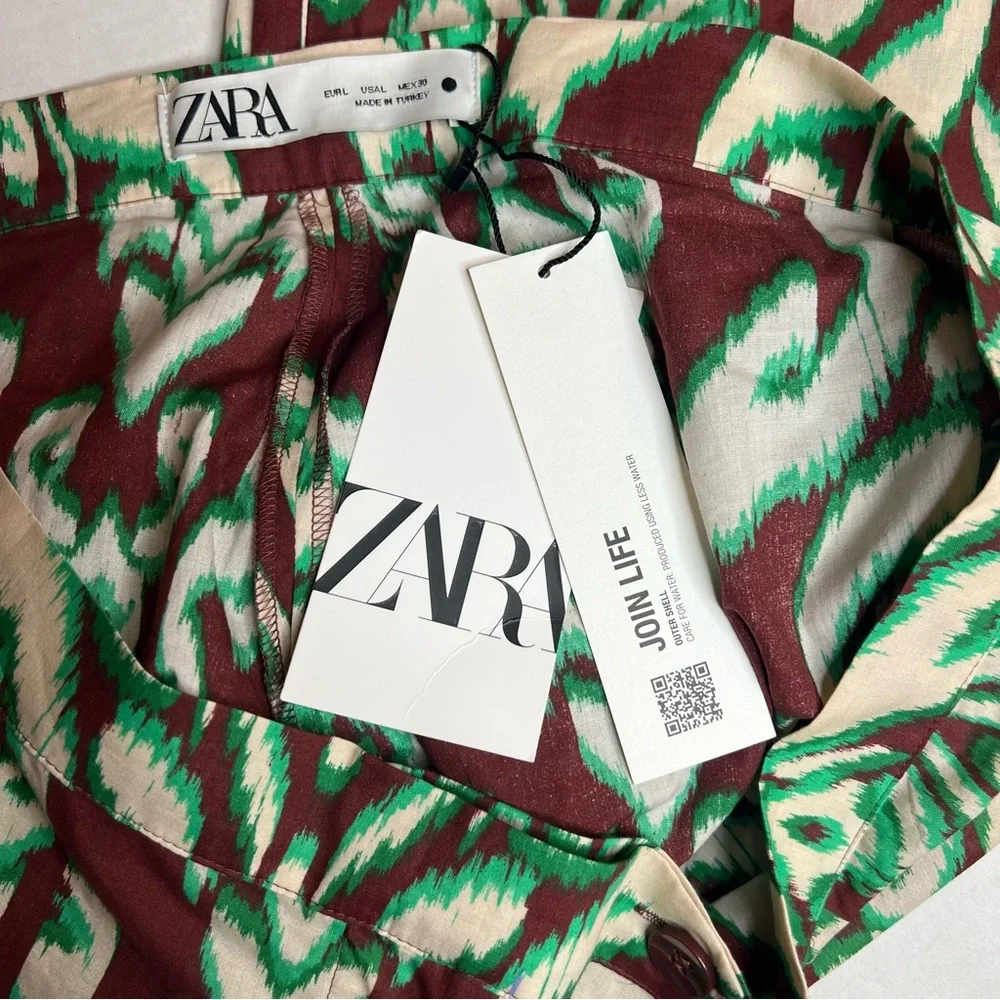 New Zara Selena Cotton Tropical Wide Flare Pant Midrise Green Brown Boho Large - Picture 3 of 10